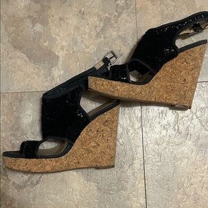 Lucky Brand Black Wedge Sandals with Cork Platform crochet straps sz 7.5 8